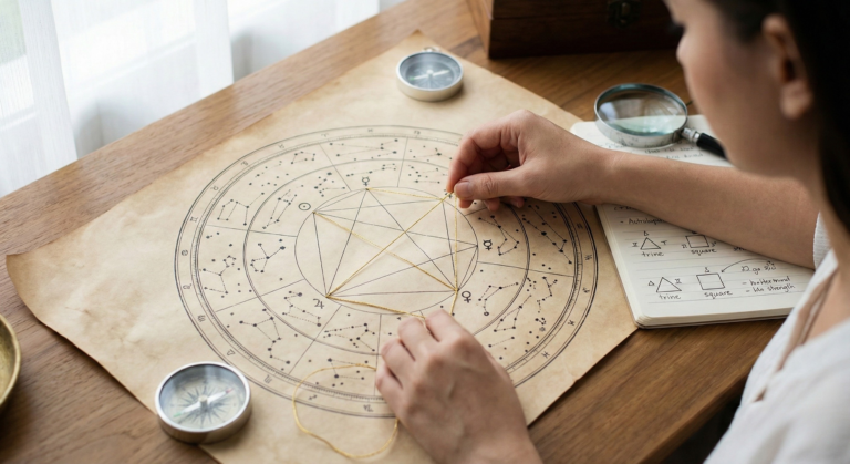 A close-up photograph of a person using gold thread to visually map out different planetary aspects, forming triangles and squares on an antique-style astrological birth chart spread on a wooden desk.