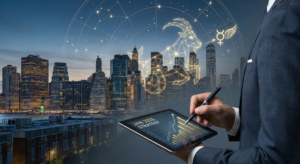 A conceptual illustration of a businessperson planning on a tablet with a glowing Capricorn constellation and Mercury symbol above a city skyline, representing the strategic energy of Mercury in Capricorn 2026.