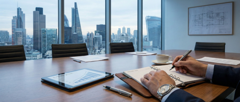 A realistic banner view of an executive writing in a planner at a high-rise boardroom table overlooking a financial district, symbolizing the disciplined "CEO mindset" of the Mercury in Capricorn 2026 transit.