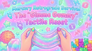 A vibrant, candy-colored illustration serving as the blog banner for "Mercury Retrograde Survival: The Gimme Gummy Tactile Reset," featuring hands stretching glittery slime surrounded by gummy zodiac symbols, stars, and sensory toys.