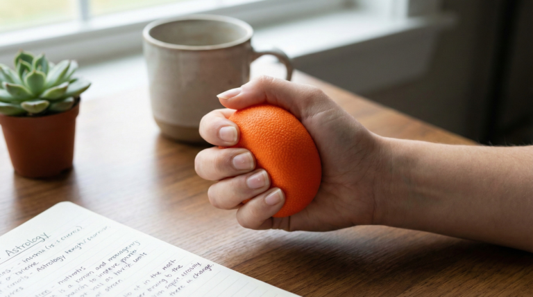 A realistic close-up photograph of a hand firmly squeezing a textured orange stress ball on a wooden desk next to an astrology notebook, illustrating a tactile grounding technique to manage Mercury Retrograde stress.