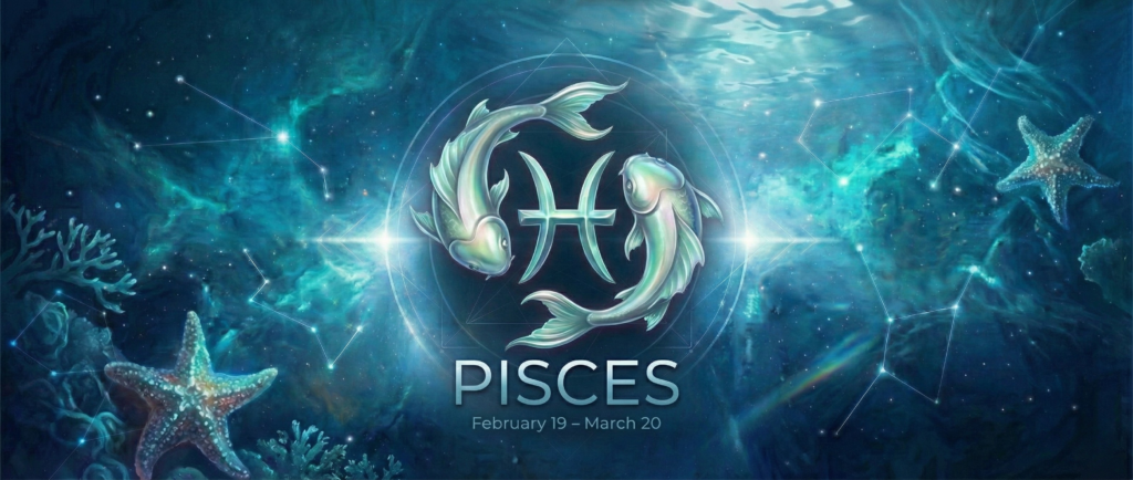 Wide website banner for the Pisces Zodiac Sign, featuring glowing twin fish, underwater elements like starfish and coral, and the dates February 19 – March 20.