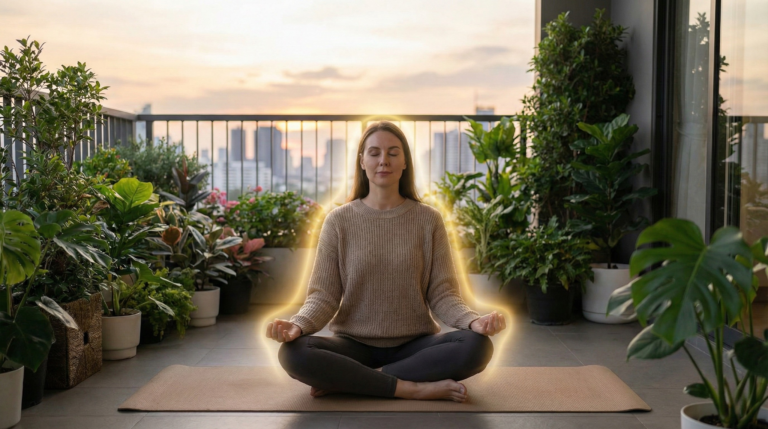 A woman meditating on a balcony at sunset with a glowing aura, practicing mindfulness to protect your energy.
