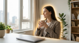 A calm professional woman sitting at her desk looking out a window with a warm aura around her, illustrating how to protect your energy at work.