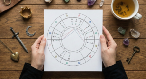 Hands holding a printed astrology birth chart surrounded by archetype symbols like a crown, sword, and crescent moon charm on a wooden table.