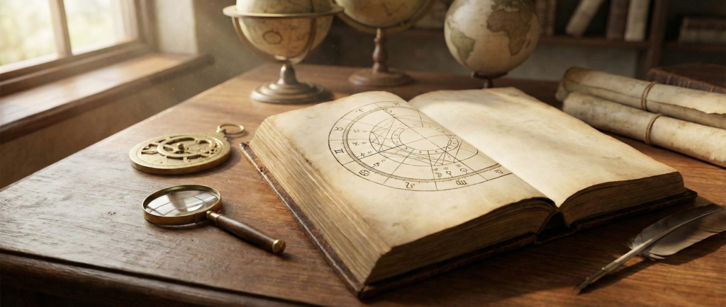 An antique open book showing a detailed astrology birth chart, surrounded by a magnifying glass and old globes on a sunlit wooden desk.