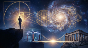 A conceptual illustration showing a human silhouette connected to the cosmos through glowing lines of sacred geometry, including the Fibonacci spiral and Flower of Life, bridging an ancient temple and modern Tesla coils.