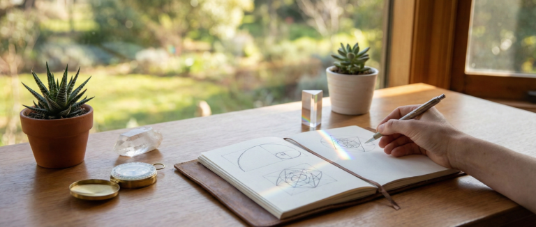 A researcher's desk featuring a journal with geometric sketches, a quartz crystal, and a laptop, symbolizing the integration of sacred science into modern life.