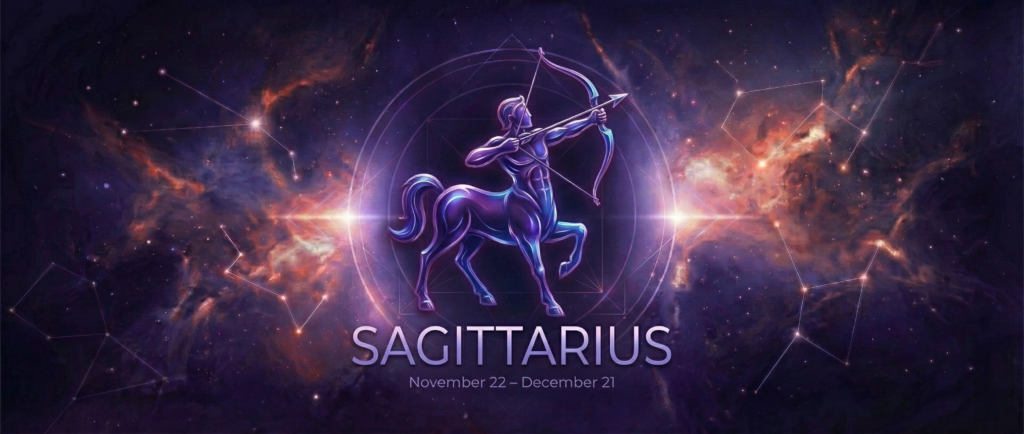 Sagittarius Zodiac Sign banner featuring a glowing golden Centaur Archer symbol, deep purple and blue nebula background, and the dates November 22 – December 21.