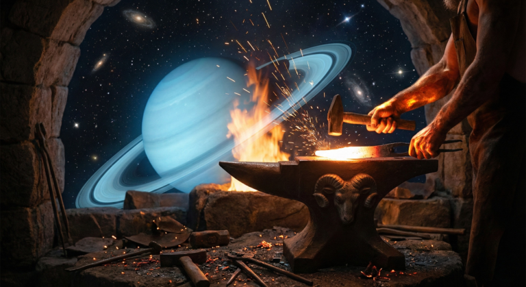 Cosmic illustration of Saturn in Aries 2026 depicting the planet entering a nebula of fire and stars representing the Aries zodiac sign.