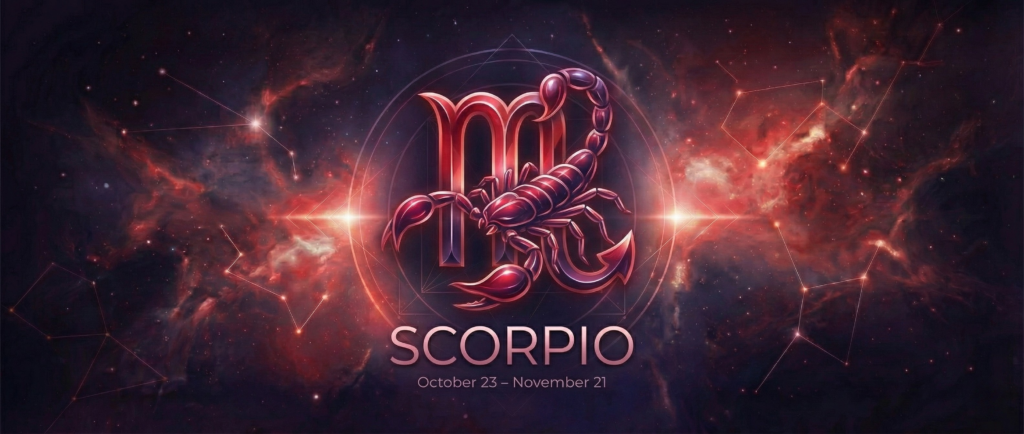 Scorpio Zodiac Sign banner featuring a glowing crimson scorpion symbol, deep red nebula background, and the dates October 23 – November 21.