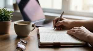 A close-up photograph of a person's hands actively writing in an open journal, demonstrating the scripting manifestation technique alongside a cup of coffee and a laptop.