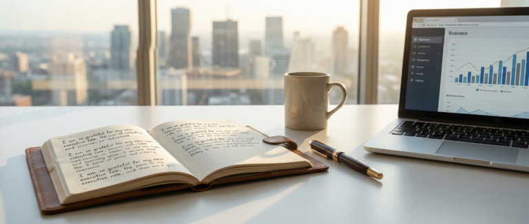 A wide-angle landscape view of a professional office desk overlooking a city skyline, featuring an open notebook filled with scripting manifestation entries next to a laptop showing business charts.