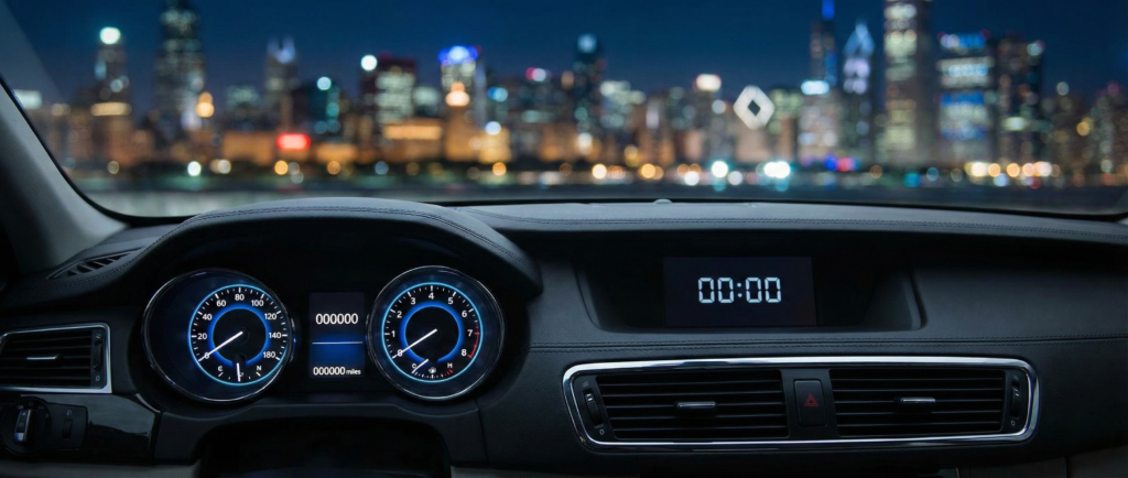 A realistic car dashboard digital clock showing 00:00 at midnight with city lights in the background, symbolizing a common way of seeing Angel Number 000 in daily life.