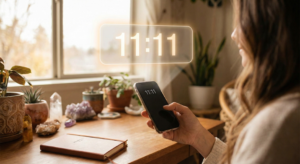 A woman looking at her smartphone screen displaying the time 11:11, illustrating the common experience of seeing Angel Number 1111 during daily life.