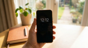 A woman holding a smartphone displaying the time 12:12, illustrating the experience of seeing Angel Number 1212 on a mobile device.