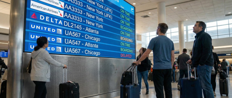 An airport departure board listing an American Airlines flight with Angel Number 3333, illustrating how this spiritual sign often appears during travel and movement.