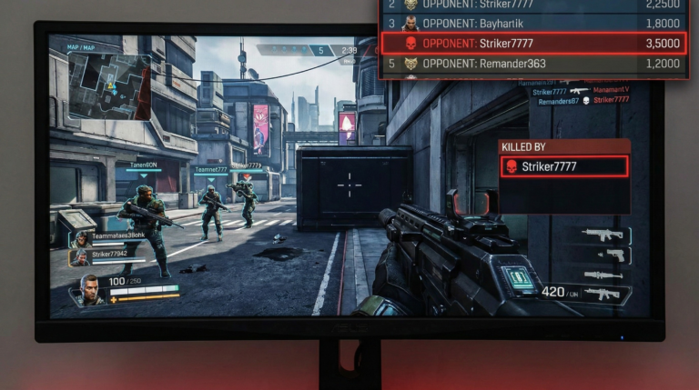 First-person shooter game interface highlighting an opponent username "Striker7777", illustrating seeing angel number 7777 while gaming.