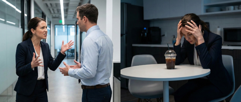 A realistic split-screen image illustrating the cycle of self sabotage: on the left, a woman picks an unnecessary fight with a colleague, and on the right, she sits alone in regret after ruining the positive environment.
