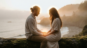 A realistic photo of a couple sitting peacefully together by the ocean at golden hour, illustrating the deep peace found in a spiritual connection.