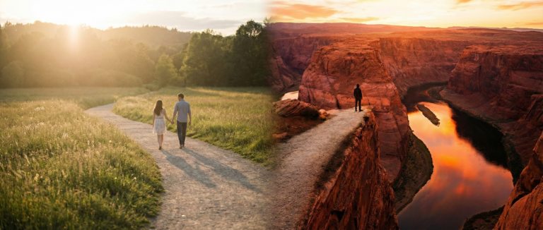A wide panoramic view of a couple sitting peacefully on a log by the ocean at sunset, symbolizing the spiritual journey of Soulmates vs Twin Flames.