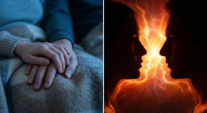 A close-up, realistic photo of a couple holding hands in golden light, illustrating the deep emotional bond analyzed in the debate of Soulmates vs Twin Flames.