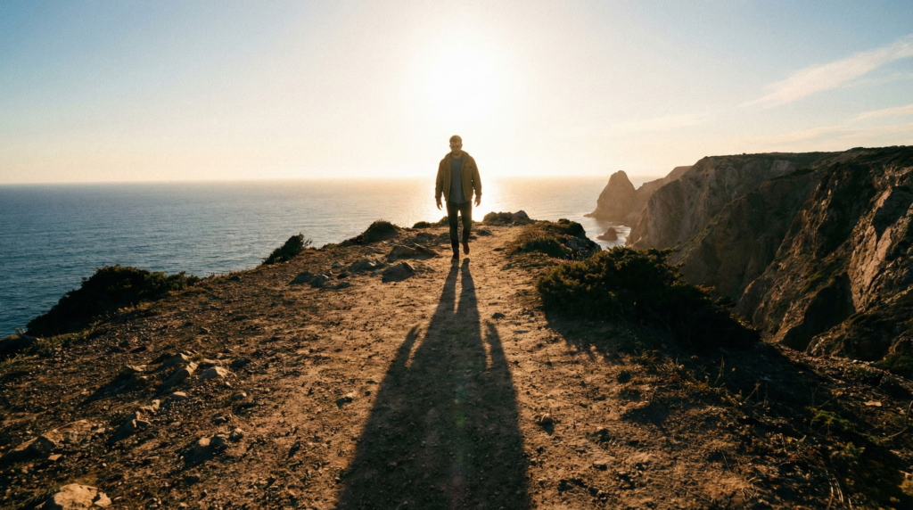 A wide landscape photograph of a lone man walking along a coastal cliff path at sunset, casting a long, prominent shadow in front of him, symbolizing the spiritual journey of integrating shadow work into one's life.