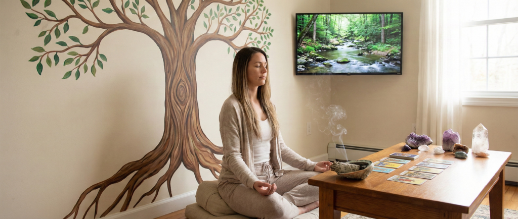 A realistic spirituality banner featuring a woman meditating in a serene room with a Tree of Life painting, crystals, burning sage, and tarot cards.