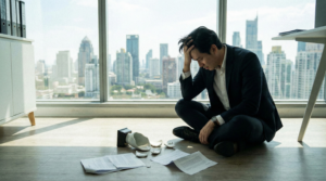 A man sitting on the office floor in despair next to a broken object, symbolizing the regret and destruction caused by the cycle of self sabotage despite achieving success.