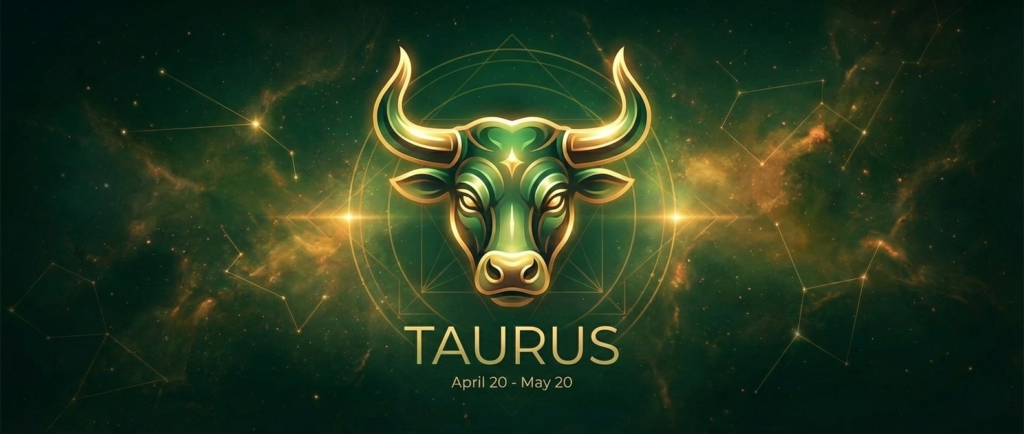 Artistic banner of Taurus Zodiac Sign featuring a glowing Bull symbol and the dates April 20 to May 20.