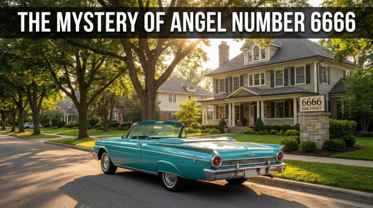 A turquoise convertible parked on a suburban street next to a stone sign for 6666 Oak Street, under a banner title about the mystery of angel number 6666.