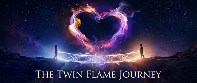 Two silhouettes standing on opposite cliffs connected by glowing energy beams that form a heart in the starry sky, symbolizing the powerful Twin Flame connection.