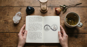 A journal open to a drawing of the Twin Flame infinity symbol, with crystals and an hourglass on a rustic wooden table.