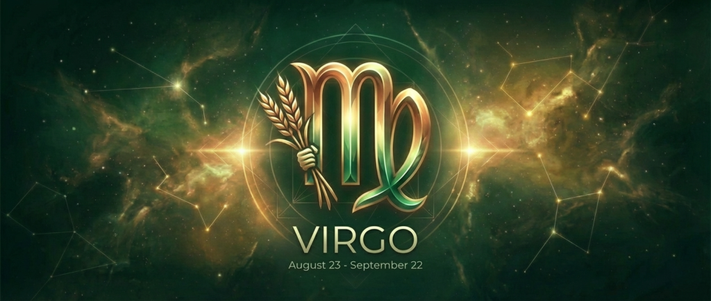 Virgo Zodiac Sign banner featuring a glowing green and gold maiden symbol, deep forest nebula background, and the dates August 23 - September 22.