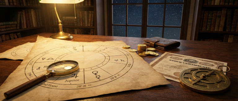 A panoramic banner showing an illuminated astrological scroll on a desk with gold coins and a bull figurine, illustrating potential indicators of wealth in birth chart readings.
