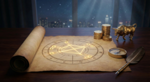 A close-up of an illuminated astrological birth chart scroll on an antique desk, surrounded by stacks of gold coins and a golden bull figurine representing wealth indicators in astrology.