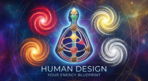 A glowing Human Design BodyGraph chart with five colored energy swirls, illustrating the concept of what is Human Design and its energy types.