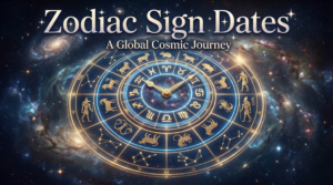 Mystical digital art blending Western, Vedic, Chinese, and Egyptian symbols in a cosmic design to illustrate diverse Zodiac Sign Dates.