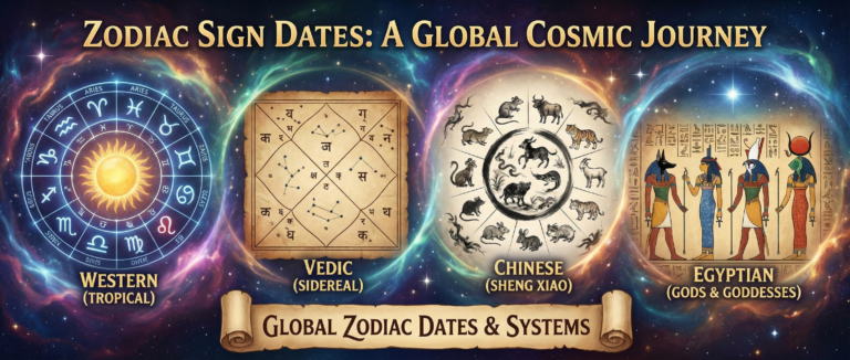 Cosmic banner illustration comparing Zodiac Sign Dates across Western, Vedic, Chinese, and Egyptian astrology systems.