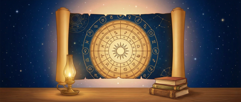 A wide banner showing a vintage zodiac chart and astrological symbols on a large scroll. A lit oil lamp and a stack of old books sit on a wooden surface below, all against a backdrop of a deep blue, starry night sky, illustrating the theme of astrology.