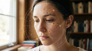 Woman with an astrological chart overlaid on her skin to illustrate her mole on face meaning.