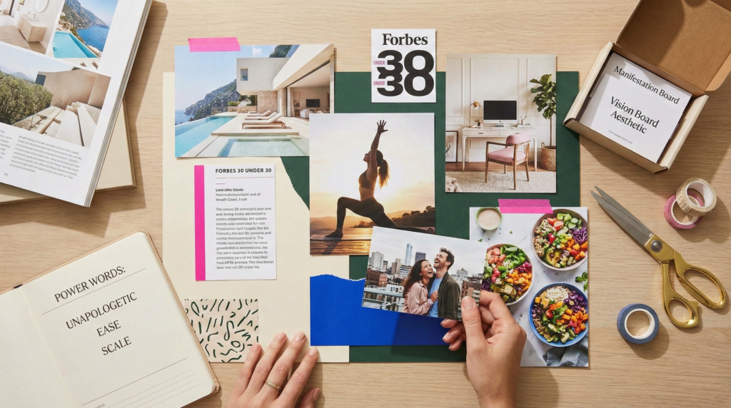 Flat lay of a desk showing authentic vision board ideas in progress, featuring travel photos, a "Forbes 30 Under 30" cutout, and a notebook with power words for manifestation.