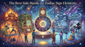 A magical cosmic marketplace illustrating the Best Side Hustle for Zodiac Sign Elements. The scene features vibrant stalls representing Fire, Earth, Air, and Water surrounding a central astrology clock tower. People are shown performing various side hustles, including teaching outdoor fitness, making handmade pottery, recording podcasts, teaching piano, and dog grooming under a starry night sky.