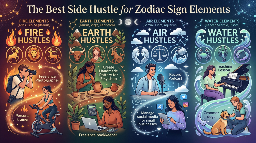 A colorful infographic titled, the Best Side Hustle for Zodiac Sign Elements, categorizing jobs by astrological elements. It illustrates Fire signs as photographers and personal trainers, Earth signs making Etsy pottery and bookkeeping, Air signs recording podcasts and managing social media, and Water signs teaching music and dog grooming.