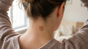 Realistic close-up of a birthmark on the back of a woman's neck, illustrating spiritual birthmark meanings and the stork bite symbolism.