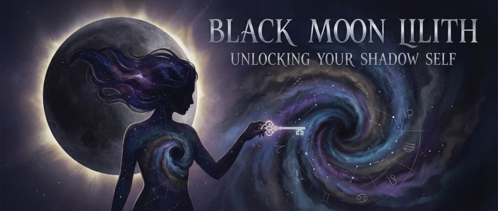 Cosmic illustration banner for a blog post about Black Moon Lilith, featuring a silhouette woman with a key unlocking a swirling zodiac vortex under an eclipsed moon.