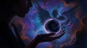 Mystical illustration of a hand holding a dark orb representing Black Moon Lilith, with a winged shadow figure emerging against a nebula and zodiac wheel.