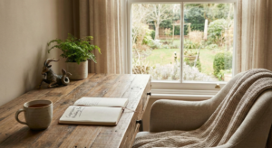 A cozy, earthy workspace featuring a wooden desk, a sea-goat statue, a warm cup of tea, and an open journal, perfectly capturing the grounded Capricorn aesthetic for slow living.