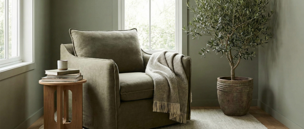 A relaxing reading nook with an olive green armchair, a soft throw blanket, and a large potted plant, representing the ultimate Capricorn aesthetic for self-care and relaxation.