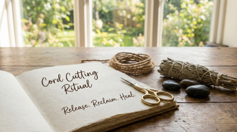 An open journal on a wooden table displaying handwritten text for a Cord Cutting Ritual, with scissors, a cord, sage, and stones nearby.